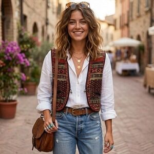 Darling Quilted Vest Women Medium Red Black Southwestern Boho Festival